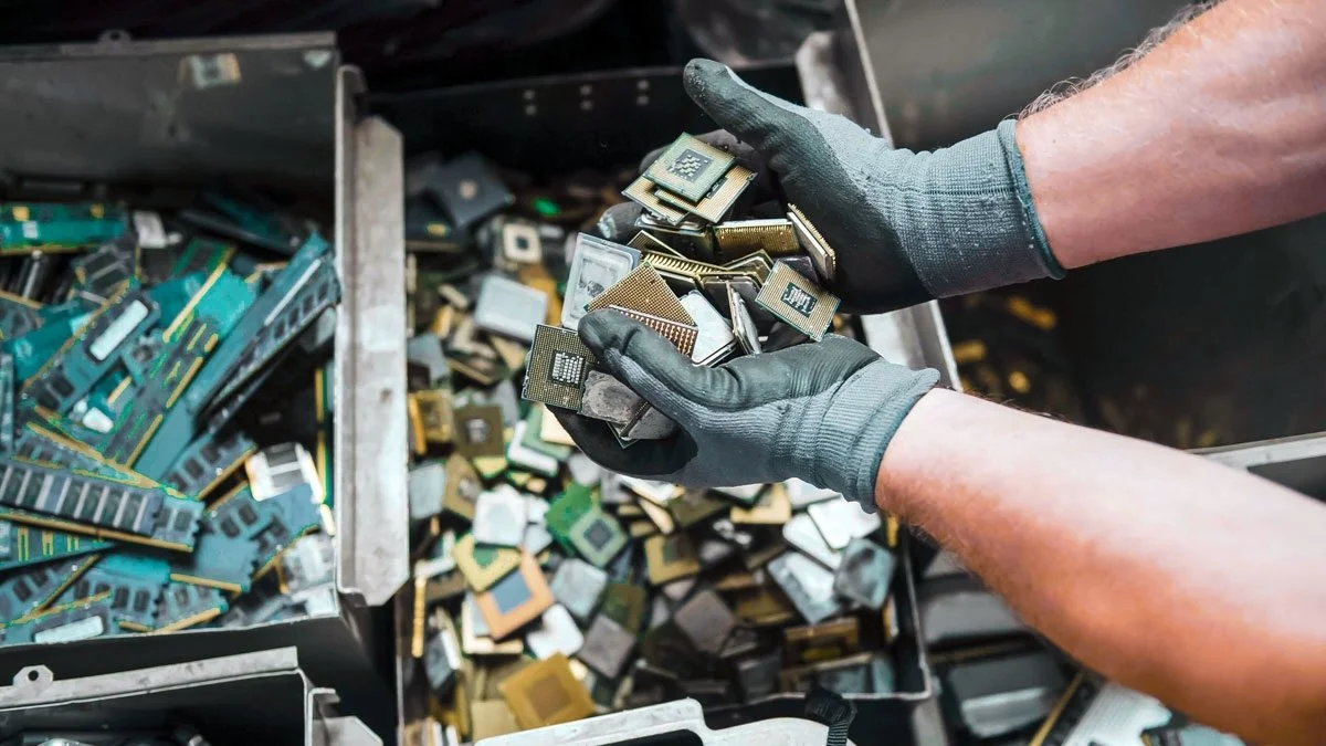 Gloved hands sorting circuit boards and electronic components