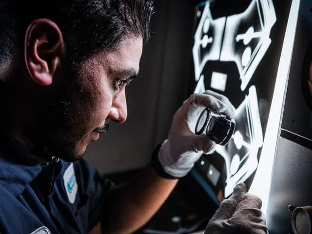 Technician inspecting X-ray film on a light panel